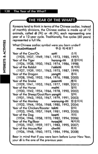 138       The Year of the What?


                   THE YEAR OF THE WHAT?,

      Koreans tend to think in terms of the Chinese zodiac. Instead
      of monthly divisions, the Chinese zodiac is made up of 12
      animals, called di [K) or -tti (£j), each representing one
      year of a 12-year cycle. Traditionally, five cycles (60 years)
      represented a full life.
      What Chinese zodiac symbol were you born under?
        musOnttiseyo?               ■¥•£ nM9.?
      Year of the Cow/Ox            sotti         ±&
         (1925, 1937, 1949,    1961, 1973, 1985, 1997)
      Year of the Tiger             horang-itti   JL§f"O|n|
         (1926, 1938, 1950,    1962, 1974, 1986, 1998)
      Year of the Rabbit            t'okkitti     5. v E|
         (1927, 1939, 1951,    1963, 1975, 1987, 1999)
      Year of the Dragon            yongtti       #H|


■
         (1928, 1940, 1952,    1964, 1976, 1988, 2000)
      Year of the Snake             paemtti     . @l H|
         (1929, 1941, 1953, 1965, 1977, 1989,2001)
      Year of the Horse          maltti       ^tt|
         (1930, 1942, 1954, 1966, 1978, 1990, 2002)
      Year of the Sheep/Goat/Ram yangtti      ^E|
         (1931, 1943, 1955, 1967, 1979, 1991, 2003)
      Year of the Monkey         wonsung-itti §1 ^0| Hj
         (1932, 1944, 1956, 1968, 1980, 1992, 2004)
      Year of the Chicken/Rooster taktti      £fn|
         (1933, 1945, 1957, 1969, 1981, 1993, 2005)
      Year of the Dog             kaetti      ?H E|
         (1934, 1946, 1958, 1970, 1982, 1994, 2006)
      Year of the Pig/Boar          twaejitti       31 *l i|
           (1935, 1947, 1959, 1971, 1983, 1995, 2007)
      Year of the Mouse/Rat      chwitti      £| E|
         (1936, 1948, 1960, 1972, 1984, 1996, 2008)

      Bear in mind that if you were born before Lunar New Year,
      your di is the one of the previous year.
      V                                                            y
 