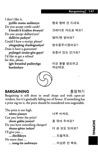 Bargaining       147


I don't like it.
   pyollo mame andiineyo
Do you accept credit cards?
  k'uredit'ii k'aduro dwaeyo?
Do you accept dollars/yen?
  dallo/en padayo?
Could I have a receipt please?
  yongsujung chushigessoyo?
Does it have a guarantee?
   pojungso inniin-gon-gayo?
I'd like to get a refund
for this, please.
    igot hwanbul paduryogo
   hanundeyo




BARGAINING
Bargaining is still done in small shops and with open-air
vendors, but it's gradually falling out of favour. If something has
a price tag on it, the price should be considered non-negotiable.

The price is too high.
   nomu pissayo                        I
Can you lower the price?
  chom gakka juseyo?                   i
Do you have something cheaper?
   tossan-gotto issoyo?                [
I'll give you ...
     ... diirilkkeyo
No more than ...
     ... isang-un andwaeyo
 