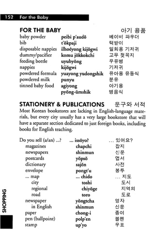 152   For the Baby


      FOR THE BABY
      baby powder               peibi p'audo         tHI o| td|
      bib                       t'okpaji
      disposable nappies        ilhodyong kijogwi
      dummy/pacifier            komu jokkokchi
      feeding bottle            uyubyong
      nappies                   kijogwi
      powdered formula      yuayong yudongshik
      powdered milk             punyu

      tinned baby food          agiyong
                            pyong-iimshik


      STATIONERY & PUBLICATIONS                          S^fil- M ^
      Most Korean bookstores are lacking in English-language mate
      rials, but every city usually has a very large bookstore that will
      have a separate section dedicated to just foreign books, including
      books for English teaching.

      Do you sell (a/an) ...?       ... issoyo?      ... 5JCH2.?
         magazines                      chapchi
         newspapers                     shinmun          •fcl-ZE-
         postcards                      yopso

         dictionary                     sajon            AH*J
         envelope                       pongt'u
         ... map                        ... chido        ... xE.
            city                           toshi
            regional                       chiyoge
            road                           toro

         newspaper                      yongtcha
            in English                  shinmun          AJ JEjL

         paper                          chong-i          #o|
         pen (ballpoint)                polp'en
         stamp                          up'yo            ■t-5.
 