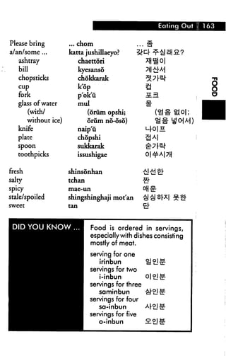 ^^^B                                    Eating Out [[ 163

Please bring
a/an/some ...        katta jushillaeyo?              iW ^4! &H 2.?
   ashtray              chaettori                     *HSO|
   bill                    kyesanso                    7i£}A|
   chopsticks              chokkarak                   ^J 7 [^                  i
   cup                     kop                         g                        I
   fork                    pok'u                       13                  j    ^
   glass of water          mul                         M                       ■
       (with/                 (drum opshi;                  (^-s- ftlOll       ^H
      without ice)            6rumn6-6s6)                   ^^ ^OjA-))         ^
   knife                   naip'ii                     ur0|H
   plate                   chopshi                     ^ A|
   spoon                   sukkarak                    ^^r^"
   toothpicks              issushigae                  01 ^ A17 H


fresh                shinsonhan                       £!£!£!•
salty                tchan                            ^
spicy                mae-un                           °H -g-
stale/spoiled        shingshinghaji mot'an            cJ-c!or7:| -g-sj-
sweet                tan                              El-



                                 Food is ordered in servings,
                                 especially with dishes consisting
                                 mostly of meat.
                                 serving for one
                                    irinbun
                                 servings for two
                                    i-inbun
                                 servings for three
                                    saminbun
                                 servings for four
                                    sa-inbun
                                 servings for five
                                    o-inbun
 