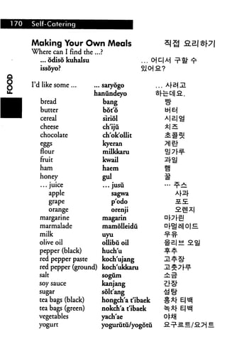 170   Self-Catering


      Making Your Own Meals
      Where can I find the ...?
        ... odiso kuhalsu
         issoyo?


      I'd like some...      ... saryogo

                           hanundeyo
         bread               bang
         butter              bot'6
         cereal                   siriol
         cheese                   ch'ijii
         chocolate                ch'ok'ollit
                                  kyeran
         flour                    milkkaru
         fruit                 kwail
         ham                   haem
         honey                 gul               s
         ... juice             ... jusu
             apple                   sagwa

            grape                    p'odo
            orange                   orenji
        margarine             magarin
        marmalade             mamolleidu
        milk                  uyu

        olive oil             ollibu oil
        pepper (black)        huch'u
        red pepper paste      koch'ujang
        red pepper (ground)   koch'ukkaru
        salt                  sogum

        soy sauce             kanjang
        sugar                 solt'ang
        tea bags (black)      hongch'a t'ibaek
        tea bags (green)      nokch'a t'ibaek
        vegetables            yach'ae
        yogurt                yogurutii/yogotu
 