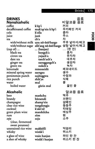 DRINKS
Nonalcoholic
coffee                 k'op'i
decaffeinated coffee   muk'ap'ein k'op'i
cola                   k'olla
juice                  jusu
tea                    ch'a
   with/without milk uyu no-oso/baego
   with/without sugar solt'ang no-oso/baego
(cup of) ...          ... (hanjan)            (» S)
   black tea              hongch'a
   citron tea             yujach'a
   date tea               taech'uch'a
   ginger tea             saenggangch'a
   green tea              nokch'a
lemonade              remoneidu
mineral spring water saengsu
persimmon punch       sujonggwa
rice punch            shik'ye
water                 mul
    boiled water          gurinmul

Alcoholic
beer                   maekchu
brandy                 buraendi
champagne              shamp'ein
clear rice wine        tongdongju
cocktail               k'akt'eil
green plum wine        maeshilchu
rum                    rom

soju                   soju
   (clear, fermented
   sweet potatoes)
unstrained rice wine   makkolli
whisky                 wisuk'i
a glass of wine        wain hanjan
a shot of whisky       wisuk'i hanjan
 