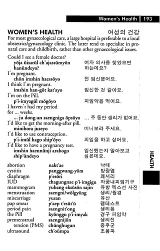 Women's Health           193


WOMEN'S HEALTH                                        oi £ °|
For most gynaecological care, a large hospital is preferable to a local
obstetrics/gynaecology clinic. The latter tend to specialise in pre
natal care and childbirth, rather than other gynaecological issues.
Could I see a female doctor?
   ydja uisarul ch'ajassumyon
   hanundeyo?
I'm pregnant.
   chon imshin haessoyo
I think I'm pregnant.
   imshin han-got kat'ayo
I m on the Pill.
   p'i-imyagul mdgdyo
I haven t had my period
for ... weeks.
   ... ju dong-an saengniga opsoyo
I'd like to get the morning-after pill.
   minibora juseyo
Id like to use contraception.
   p'i-imul hago ship'oyo
I d like to have a pregnancy test.
   imshin haennunji arabogo
   ship'undeyo

abortion
cystitis
                      nakt'ae
                      panggwang-yom
                                                                            I
diaphragm             p'esori
IUD                   chagungnae p'i-imgigu
mammogram            yubang eksuson sajin
menstruation         saengni/wolgyong
miscarriage          yusan

pap smear            p'aep t'esiit'u
period pain          saengnit'ong
the Pill              kyonggu p'i-imyak
premenstrual          saengnijon
   tension (PMS)      chunghugun
ultrasound           ch'oumpa
 