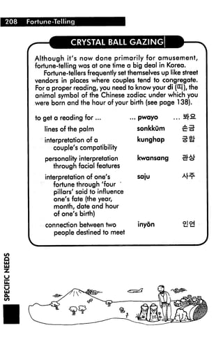 208   Fortune-Telling



                     CRYSTAL BALL GAZING

        Although it's now done primarily for amusement,
        fortune-telling was at one time a big deal in Korea.
           Fortune-tellers frequently set themselves up like street
        vendors in places where couples tend to congregate.
        For a proper reading, you need to know your di (E|), the
        animal symbol of the Chinese zodiac under which you
        were born and the hour of your birth (see page 138).

        to get a reading for...            ... pwayo      ... fir2.

           lines of the palm                 sonkkum         £-0
           interpretation of a               kunghap         ^D*
              couple's compatibility
           personality interpretation        kwansang        Q&
              through facial features
           interpretation of one's           saju            <*h¥-
              fortune through 'four
              pillars' said to influence
              one's fate (the year,
              month, date and hour
              of one's birth)
           connection between two            inydn           21&
              people destined to meet




i
 