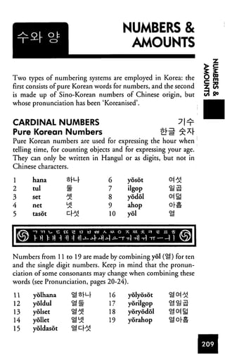 NUMBERS &
                                       AMOUNTS


Two types of numbering systems are employed in Korea: the
first consists of pure Korean words for numbers, and the second
is made up of Sino-Korean numbers of Chinese origin, but
whose pronunciation has been 'Koreanised'.


CARDINAL NUMBERS                                       ?I ^
Pure Korean Numbers                                &ii $*[•
Pure Korean numbers are used for expressing the hour when
telling time, for counting objects and for expressing your age.
They can only be written in Hangul or as digits, but not in
Chinese characters.

1     hana                       6     yosot          °i >i
2     tul         m              7     ilgop
3     set                        8     yodol
4     net                        9     ahop
5     tasot                      10    yol




Numbers from 11 to 19 are made by combining yol (ii) for ten
and the single digit numbers. Keep in mind that the pronun
ciation of some consonants may change when combining these
words (see Pronunciation, pages 20-24).

11     yolhana                   16     yolyosot
12     yoldul         ^#         17     yorilgop
13     yolset         OJA^J
                                 18     yoryodol
14     yollet                    19     yorahop
15     yoldasot
 