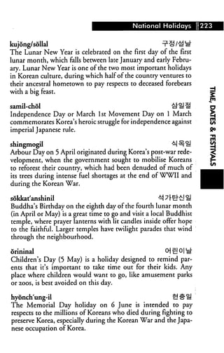 National Holidays        1223


kujong/sollal
The Lunar New Year is celebrated on the first day of the first
lunar month, which falls between late January and early Febru
ary. Lunar New Year is one of the two most important holidays
in Korean culture, during which half of the country ventures to
their ancestral hometown to pay respects to deceased forebears
with a big feast.

samil-chol                                                ^U^
Independence Day or March 1st Movement Day on 1 March
commemorates Korea's heroic struggle for independence against
imperial Japanese rule.

shingmogU                                                                }
Arbour Day on 5 April originated during Korea's post-war rede-          5
velopment, when the government sought to mobilise Koreans               r-
to reforest their country, which had been denuded of much of
its trees during intense fuel shortages at the end of WWII and
during the Korean War.

sokkat'anshinil
Buddha's Birthday on the eighth day of the fourth lunar month
(in April or May) is a great time to go and visit a local Buddhist
temple, where prayer lanterns with lit candles inside offer hope
to the faithful. Larger temples have twilight parades that wind
through the neighbourhood.

orininal                                           j
Children's Day (5 May) is a holiday designed to remind par
ents that it's important to take time out for their kids. Any
place where children would want to go, like amusement parks
or zoos, is best avoided on this day.

hyonch'ung-il
The Memorial Day holiday on 6 June is intended to pay
respects to the millions of Koreans who died during fighting to
preserve Korea, especially during the Korean War and the Japa
nese occupation of Korea.
 
