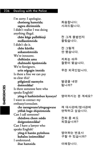 236   Dealing with the Police


      I'm sorry; I apologise.
         choesong hamnida;
          sagwa durimnida
      I didn't realise I was doing
      anything illegal.
         chon kuge pulbobinji           2
         mollassumnida                  H
      I didn't do it.
         chon kuroke                    3
         anhaessumnida                  21
      We're innocent.
         chohinun amu                   *
         chalmoshi opsumnida
      We're foreigners.
         urin oe'gugin imnida
      Is there a fine we can pay
      to clear this?
          polgumul naemyon
          doemnikka?
      Is there someone here who
      speaks English?
          yong-6 hashinunbun kyeseyo?
      I want to contact my
      embassy/consulate.
         che taesagwane/yongsagwane     *
         yollak hago shipsumnida
      Can I call someone?
         chonhwa chom ssodo
         doegessumnikka?
      Can I have a lawyer who
      speaks English?
         yong-6 hanun pyonhosa
         kuhalsu issumnikka?
      I understand.
         ihae hamnida
 