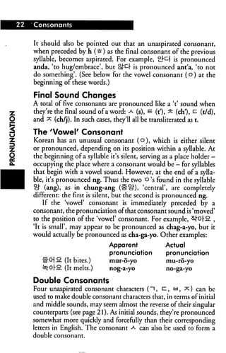 "Consonants


It should also be pointed out that an unaspirated consonant,
when preceded by h (3) as the final consonant of the previous
syllable, becomes aspirated. For example, 2l^[ is pronounced
anda, 'to hug/embrace', but t^Er is pronounced ant'a, 'to not
do something'. (See below for the vowel consonant (o) at the
beginning of these words.)

Final Sound Changes
A total of five consonants are pronounced like a Y sound when
they're the final sound of a word: a (s), e (t'), * (ch'), ^ (t/d),
and ^ (ch/j). In such cases, they'll all be transliterated as t.

The 'Vowel' Consonant
Korean has an unusual consonant (o), which is either silent
or pronounced, depending on its position within a syllable. At
the beginning of a syllable it's silent, serving as a place holder -
occupying the place where a consonant would be — for syllables
that begin with a vowel sound. However, at the end of a sylla
ble, it's pronounced ng. Thus the two o 's found in the syllable
 c)" (ang), as in chung-ang (^cl"), 'central', are completely
different: the first is silent, but the second is pronounced ng.
     If the 'vowel' consonant is immediately preceded by a
consonant, the pronunciation ofthat consonant sound is 'moved'
to the position of the 'vowel' consonant. For example, £|"0|2. ,
'It is small', may appear to be pronounced as chag-a-yo, but it
would actually be pronounced as cha-ga-yo. Other examples:
                             Apparent              Actual
                             pronunciation         pronunciation
          . (It bites.)      mur-6-yo              mu-ro-yo
          . (It melts.)      nog-a-yo              no-ga-yo

Double Consonants
Four unaspirated consonant characters (~i, tz, td, x) can be
used to make double consonant characters that, in terms of initial
and middle sounds, may seem almost the reverse of their singular
counterparts (see page 21). As initial sounds, they're pronounced
somewhat more quickly and forcefully than their corresponding
letters in English. The consonant a can also be used to form a
double consonant.
 
