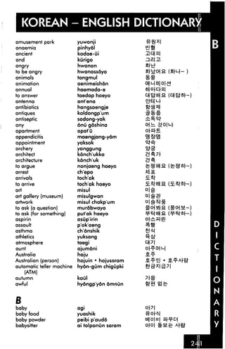 KOREAN - ENGLISH DICTIONARY
amusement park             yuwonji
anaemia                    pinhydl              SJS
ancient                    kodae-ui
and                        kurigo
angry                      hwanan
to be angry                hwanassdyo
animals                    tongmul
animation                  aenimeishon          OH Mail old
annual                     haemada-e
to answer                  taedap haeyo
antenna                    ant'ena
antibiotics                hangsaengje
antiques                   koldongp'um
antiseptic                 sodong-yak
any                        onu goshina
apartment                  apat'G
appendicitis               maengjang-yom
appointment                yaksok
archery                    yanggung

architect                  konch'ukka
architecture               konch'uk
to argue                   nonjaeng haeyo
arrest                     ch'epo
arrivals                   toch'ak
to arrive                  toch'ak haeyo
art                        misul
art gallery (museum)       misulgwan
artwork                    misul chakp'um
to ask (a question)        murdbwayo
to ask (for something)     put'ak haeyo
aspirin                    asup'irin
assault                    p'okaeng
asthma                     chonshik
athletics                  yuksang
atmosphere                 taegi
aunt                       ajumoni
Australia                  hoju
Australian (person)        hojuin • hojusaram
automatic teller machine   hyon-gum chigupki
      (ATM)
autumn                     kaul
awful                      hyongp'yon dmnun



B
baby                       agi

baby food                  yuashik
baby powder                peibi p'audo         u||o|u| n^c
babysitter                 ai tolponun saram    oro| fflfe .
 