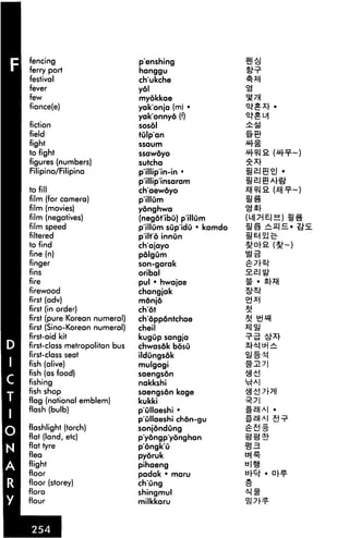 fencing                        p'enshing
ferry port                     hanggu
festival                       ch'ukche
fever                          yol
few                            myokkae
fiance(e)                      yak'onja (m) •
                               yak'onnyo (f)
fiction                        sosol
field                          tulp'an
fight                          ssaum
to fight                       ssawoyo
figures (numbers)              sutcha
Filipino/Filipina              p'illip'in-in *
                               p'illip'insaram
to fill                        ch'aewoyo
film (for camera)              p'illum                   US
film (movies)                  yonghwa
film (negatives)               (negot'ibu) p'illum
film speed                     p'illum sup'idu • kamdo
filtered                       p'ilt'6 innun
to find                        ch'ajayo
fine (n)                       polgum
finger                         son-garak
fins                           oribal
fire                           pul • hwajae
firewood                       changjak
first (adv)                    monjd
first (in order)               ch'ot
first (pure Korean numeral)    ch'oppontchae
first (Sino-Korean numeral)    cheil
first-aid kit                  kugup sangja
first-class metropolitan bus   chwasok bosu
first-class seat               ildungsok
fish (alive)                   mulgogi
fish (as food)                 saengsdn
fishing                        nakkshi
fish shop                      saengs6n kage              m n
flag (national emblem)         kukki
flash (bulb)                   p'ullaeshi •
                               p'ullaeshi chon-gu
flashlight (torch)             sonjdndung
flat (land, etc)               p'yongp'yonghan
flat tyre                      p'ongk'O
flea                           pyoruk
flight                         pihaeng
floor                          padak • maru
floor (storey)                 ch'ung
flora                          shingmul
flour                          milkkaru
 