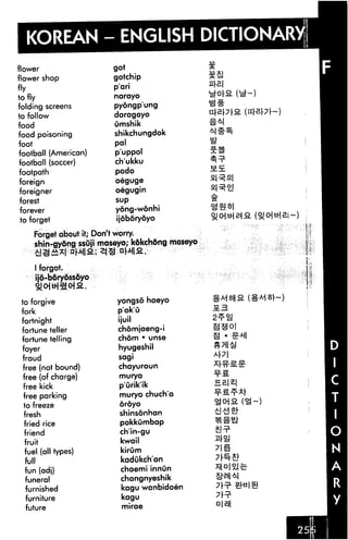 KOREAN - ENGLISH DICTIONARY
flower                        got
flower shop                   gotchip
fly                           p'ari
to fly                        narayo

folding screens               pyongp'ung
to follow                     daragayo
food                          Omshik
food poisoning                shikchungdok

foot                          pal
football (American)           p'uppol
football (soccer)             ch'ukku
footpath                      podo                S.E.
foreign                       oeguge

foreigner                     oegugin
forest                        sup

forever                       yong-wdnhi
to forget                      ijoboryoyo

       Forget about it; Don't worry.
       shin-gy5ng ssuji maseyo; kdkchdng maseyo


       I forgot,
       ijo-boryoss&yo



 to forgive                    yongso haeyo
 fork                          p'ok'u
 fortnight                     ijuil
 fortune teller                chdmjaeng-i
 fortune telling               chom • unse
 foyer                         hyugeshil
 fraud                         sagi
 free (not bound)              chayuroun
 free (of charge)              muryo

 free kick                     p'urikik
 free parking                  muryo chuch'a
 to freeze                     oroyo

  fresh                         shinsonhan
  fried rice                    pokkumbap
  friend                        ch'in-gu
  fruit                         kwail
  fuel (all types)              kirum
  full                          kadukch'an
  fun (adj)                     chaemi innun
  funeral                       changnyeshik
  furnished                     kagu wanbidoen
  furniture                     kagu
  future                        mirae
 