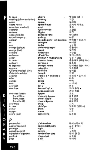 to open                      ydrdyo
opening (of an exhibition)   kaejang
opera                        opera

opera house                  opera hausu
operation (medical)          susul
operator                     kyohwanwdn
opinion                      Gigydn                     s| 3
opposite (side)              pandaep'yone
opposition party             yadang
optician                     an-gyongjdm • an-gyongsa
or                           animyon
oral                         kudue
orange (colour)              chuhwangsaege
orange (fruit)               orenji
orchard                      kwasuwon
orchestra                    ok'esut'ura
order                        chumun * myongnydng
to order                     chumun haeyo
ordinary                     potong-e
to organise                  chdngni haeyo
orgasm                       orugajGm
Oriental medical clinic      haniwon
Oriental medicine            hanyak                     0[0k


original                     wdllae-e • chintcha-e      SE||S|   S»rS|
other                        tarun
outside                      pakke
over...                      ... wie
overcoat                     oefu
overdose                     kwada t'uyo •
                             kwada pogyong
overseas Korean              kyop'o                     MS.
    from China               chaejung kyop'o
    from Japan               chaeil kyop'o
    from the US              chaemi kyop o
over there                   chdgi
to owe                       pitchoyo
owner                        chuin
oxygen                       sanso

ozone layer                  ojonch'ung




pacemaker                    p'eisumeik'6
pacifier (dummy)             komu chdkkokchi
package                      sop'o
packet (general)             guromi
a packet of cigarettes       tambae han-gap
padlock                      chamulsoe
page                         peiji
 