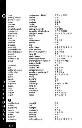 pride               chajonshim • kungji
priest (Catholic)   shinbu
prime minister      susang

prison              kyodoso                 MS.±
prisoner            choesu
private             satchogin
private hospital    kaein pyong-won
privatisation       konggiop minyonghwa
to produce          saengsan haeyo
profession          chigop
profit              iyun
program             p'uroguraem
promise             yaksok
proposal            che-i
to protect          poho haeyo
protected forest    poho samnim
protected species   ch'dnyon-ginydmmul
protest             hang-ui
to protest          tanon haeyo
Protestant (n)      kaeshin-gyo shinja
proud               charangsurowo hanun •
                    chashin innun
provisions          shingnyang
pub                 sulchip • ba
public telephone    kongjungjonhwa
public toilet       kongjung hwajangshil
to pull             tanggyoyo
pulses              k'ong
pump                p'omp'u
puncture            pongk'u
to punish           polchwoyo
puppy               kang-aji
pure                sunsuhan
purple              porasaege

to push             miroyo
to put              noayo




Q
qualifications      chagyok
quality             chil
quarantine          kyongni
quarrel             malssaum
quarter (1/4)       sabune-il
queen               yowang

question            chilmun
to question         chilmun haeyo
 