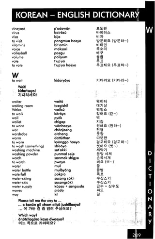KOREAN - ENGLISH DICTIONARY
vineyard                     p'odowon            5L.E§!
virus                        bair&su             tJ|-0| E-j
visa                         bija                b|Xr
to visit                     pangmun haeyo
vitamins                     bit'amin            a|ErD|

voice                        moksori             ^±£|
volleyball                   paegu

volume                       pollyum             ME
vote                         t'up'yo             ■¥■5
to vote                      t'up'yo haeyo


w
to wait                      kidarydyo

      Waitl
      kidariseyo!


waiter                       weito
waiting room                 taegishil
Wales                        weilsu
to walk                      kordyo
wall                         pyok
wallet                       chigap
to want                      wonhaeyo
war                          chonjaeng
wardrobe                     otchang
warm                         dattuthan
to warn                      kyonggo haeyo
to wash (something)          shisdyo
washing machine              set'akki
washing powder               punmal seje
watch                        sonmok shigye
to watch                     pwayo

water                        mul
water bottle                 mulbyong
waterfall                    pokp'o
water-skiing                 susang suk'i
water-skis                   susangsuk'i
water supply                 kupsu • sangsudo
waves                        p'ado
way                          kil

       Please tell me the way to ...
       ... e kanun gil chom ail/6 jushillaeyo?


      Which way?
      dnOtchogOro kayo dwaeyo?
 
