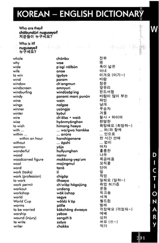 KOREAN - ENGLISH DICTIONARY
   Who are they?
   chobunduri nuguseyo?


   Who is it?
   nuguseyo?


whole                 chonbu
why                   wae

wide                  p'ogi nolbun
wife                  anae                oN
to win                igyoyo
wind                  pa ram

window                ch'angmun
windscreen            amnyuri
windsurfing           windusop'ing
windy                 parami mani punun
wine                  wain
wings                 nalgae
winner                usungja
winter                kyoul
wire                  ch'dlsa * waid
wise                  hydnmyonghan
to wish               himang haeyo
with ...              ... wa/gwa hamkke
within ...            ... anuro
    within an hour    hanshiganane                o|0)|
without               ... opshi
woman                 ydja
wonderful             hullyunghan
wood                  namu

woodcarved figure     mokkong-yep'um
wool                  mojingmul
word                  tano                E.KH
work (tasks)          il
work (profession)     chigdp
to work               ilhaeyo
work permit           ch'wiop hogajung
workout               undong
workshop              wdk'Gshop
world                 segye

World Cup             woldu k op
worms                 polle
to be worried         kokchong dwaeyo
worship               yebae
wound (injury)        sangch'6
to write              ssoyo                    '.{»-)
writer                chakka
 