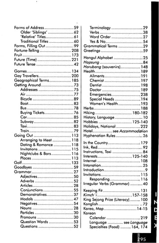 Forms of Address          59      Terminology                       29
    Older'Siblings'       62      Verbs                             38
    'Relative' Titles     61      Word Order                        27
    Traditional Titles    60      Yes & No                          54
Forms, Filling Out        99   Grammatical Terms                    29
Fortune-Telling          208   Greetings                          1.59
Fruit                    173
                               Hangul Alphabet                    ;.25
Future (Time)            221
                               Hapsung                            ..84
Future Tense              42
                               Harubang (souvenirs)               148
Games                    134   Health                             189
Gay Travellers           200      Ailments                        191
Geographical Terms       185      Chemist                         197
Getting Around            73       Dentist                        198
   Addresses              75       Doctor                        .189
    Air                   77      Emergencies                     238
    Bicycle               89      Special Needs                  .194
    Boat                  83      Women's Health                  193
    Bus                   78   Herbs                          188
   Buying Tickets         76   Hiking                     180-182
   Car                    85   History, Language                10
   Subway                 82   Hobbies                    125-140
   Taxi                   83   Holidays, National             222
   Train                  79   Hotel            see Accommodation
Going Out                113   Hyphenation Rules             L..26
    Arranging to Meet    118
                               In the Country                    i. 1 79
    Dating & Romance     118
                               Ink, Red                            92
    Invitations          115
                               Instructions, Taxi                  84
   Nightclubs & Bars     116
                               Interests                      125-140
   Places                113
                               Internet                           108
Golf                     133
                               Intonation                        ...25
Goodbyes                  59
                               Introduction                         9
Grammar                   27
                               Invitations                        115
   Adjectives             50
                                   Responding                     116
   Adverbs                52
                               Irregular Verbs (Grammar)           40
   Articles               28
   Conjunctions           55   Keeping Fit                        131
   Demonstratives         37   Kimch'i                        157-158
   Modals                 47   King Sejong Prize (Literacy)       100
    Negatives             54   Konglish                          ..72
    Nouns                 28   Korea, Map                       14-15
    Particles             30   Korean
    Pronouns              30      Calendar                       219
    Question Words        53      Language             see Language
    Questions             52      Specialties (Food)        164, 174
 