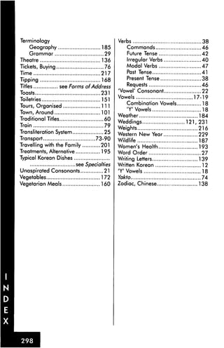 Terminology                               Verbs                         38
     Geography                      185       Commands                  46
     Grammar                         29       Future Tense              42
Theatre                             136       Irregular Verbs           40
Tickets, Buying                      76       Modal Verbs               47
Time                                217       Past Tense                41
Tipping                             168       Present Tense             38
Titles             see Forms of Address       Requests                  46
Toasts                              231   'Vowel' Consonant             22
                                          Vowels                     17-19
Toiletries                          151
                                              Combination Vowels        18
Tours, Organised                    111
                                              'Y'Vowels                 18
Town, Around                        101
                                          Weather                      184
Traditional Titles                   60
                                          Weddings                 121,231
Train                                79
                                          Weights                      216
Transliteration System               25
                                          Western New Year             229
Transport                        73-90
                                          Wildlife                     187
Travelling with the Family         201    Women's Health               193
Treatments, Alternative            195    Word Order                    27
Typical Korean Dishes                     Writing Letters              139
                        see Specialties   Written Korean                12
Unaspirated Consonants              21    'Y'Vowels                     18
Vegetables                         172    Yakfo                         74
Vegetarian Meals                   160    Zodiac, Chinese              138
 