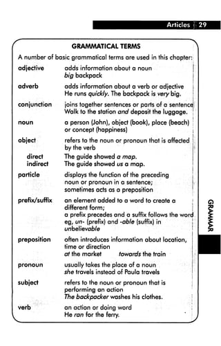 Articles l 29



                  GRAMMATICAL TERMS

A number of basic grammatical terms are used in this chapter:
adjective       adds information about a noun                        |
                big backpack                                         j

adverb          adds information about a verb or adjective           I
                He runs quickly. The backpack is very big.           !
conjunction     joins together sentences or parts of a sentence-
                Walk to the station and deposit the luggage. ;
noun            a person (John), object (book), place (beach)
                or concept (happiness)

object          refers to the noun or pronoun that is affected
                by the verb
   direct       The guide showed a map.
   indirect     The guide showed us a map.

particle        displays the function of the preceding           j
                noun or pronoun in a sentence;                   !
                sometimes acts as a preposition                  ■
prefix/suffix   an element added to a word to create a         ;
                different form;                                j
                a prefix precedes and a suffix follows the word
                ©9/ un- (prefix) and -able (suffix) in         !
                i/nbelieva/>/e

preposition     often introduces information about location,
                time or direction
                at the market       towards the train

pronoun         usually takes the place of a noun
                she travels instead of Paula travels
subject         refers to the noun or pronoun that is
                performing an action
                The backpacker washes his clothes.
verb            an action or doing word
                He ran for the ferry.
 