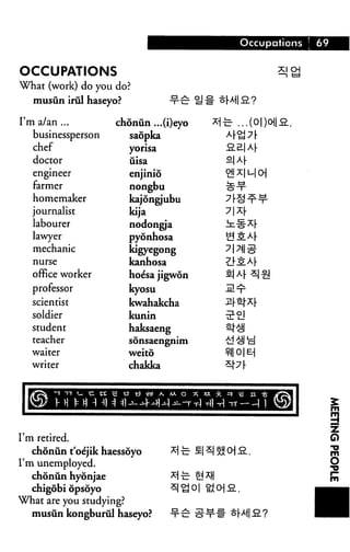 Occupations  69


OCCUPATIONS                                                 XI OH
                                                            —i t=i

What (work) do you do ?
   musun iriil haseyo?                   ii# t[MS.?

I'm a/an ...         choniin ...(i)eyo     x£ ...{O)o2..
   businessperson       saopka
   chef                  yorisa               O£|Af-
   doctor                uisa                 o|A|-
   engineer              enjinio              Oj|X|u|(>|

   farmer                nongbu
   homemaker             kajongjubu
   journalist            kija                 7X[
   labourer              nodongja             ■t-i-^r
   lawyer                pyonhosa
   mechanic              kigyegong
   nurse                 kanhosa
   office worker         hoe'sa jigwon        s|a|- iQ
   professor             kyosu
   scientist             kwahakcha            al|-2|X|-
   soldier               kunin
   student               haksaeng
   teacher               sonsaengnim
   waiter                weito                t-II 01 E-j
   writer                chakka




I'm retired.
   choniin t'oejik haessoyo
I'm unemployed.
   chonun hyonjae
   chigobi opsoyo
What are you studying?
  musun kongburul haseyo?                       o[MS.?
 