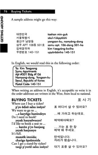 76   Buying Tickets


     A sample address might go this way:




                                   taehan min-guk
                                    soul-t'ukpyolshi
                                   yongsan-ku, namyong-dong
              APT 106#5012          samu apt. 106-dong 501-ho
                                    kim t'aegyong-kwiha
                   140-151          upydnbdnho 140-151



     In English, we would read this in the following order:

        To: Kim Taegyong
        Samu Apartments
        Apt #501 Btdg #106
        Namyong-dong, Yongsan-ku
        Seoul, Republic of Korea
        Postal Code 140-151

     When writing an address in English, it's acceptable to write it in
     the order addresses are written in the West, from local to national.

     BUYING TICKETS
     Where can I buy a ticket?
       pyo odiso salsu issoyo?
     We want to go to ...
       ...e karyogo hanundeyo
     Do I need to book?
       yeyak haeyadwaeyo?
     I'd like to book a seat to ...
         ... kanun pyo hanjang
         yeyak haejuseyo
     It's Rill.
         mansok imnida;
         chariga opsumnida
     Can I get a stand-by ticket?
         taegi p'yorul salsu issoyo?
 