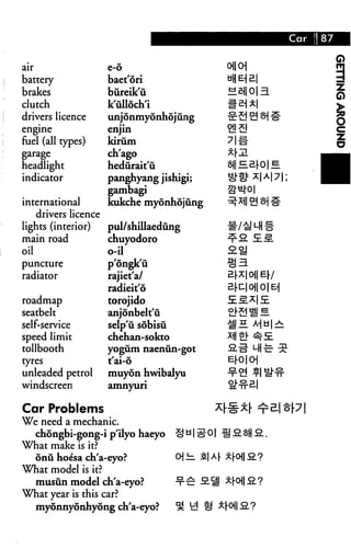 air                e-o                       CHIOH
battery            baet'ori
brakes             bureik'u
clutch             k'ulloch'i
drivers licence    unjonmyonhojung
engine             enjin
fuel (all types)   kirum
garage             ch'ago
headlight          hedurait'u
indicator          panghyang jishigi;
                   gambagi
international      kukche myonhojung
    drivers licence
lights (interior)   pul/shillaedung
main road           chuyodoro
oil                 o-il
puncture            p'ongk'ii
radiator            rajiet'a/
                    radieit'o
roadmap             torojido
seatbelt            anjonbelt'u
self-service        selp'u sobisu
speed limit         chehan-sokto
tollbooth           yogum naenun-got

tyres              t'ai-6
unleaded petrol    muydn hwibalyu
windscreen         amnyuri

Car Problems
We need a mechanic.
  chongbi-gong-i p'ilyo haeyo
What make is it?
  onu hoesa ch'a-eyo?           O in s| A|- *|-0i| fi?
What model is it?
  musun model ch'a-eyo?         ^-^ S.% *|<>l| fi.?
What year is this car?
  myonnyonhyong chVeyo?         ^ * S *|-0||a?
 