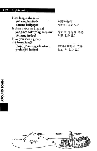 I I 2 Sightseeing
How long is the tour?
yohaeng hanunde
olmana kollyoyo?
Is there a tour in English?
yong-oro sdlmyong haejunun
yohaeng issoyo?
Have you seen a group
of (Australians)?
(hoju) yohaenggaek kurup
poshinjok issoyo?
 