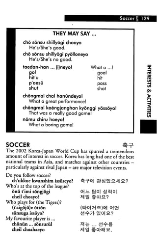 Soccer 129
THEY MAY SAY
cho sonsu shillyogi choayo
He's/She's good.
cho sonsu shillyogi pyolloneyo
He's/She's no good.
taedan-han ... (i)neyo!
gol
hit'u
p'aesu
shut
•••
What a ...!
goal
hit
pass
shot
chongmal chal hanundeyo!
What a great performance!
chongmal koengjanghan kyonggi yossdyo!
That was a really good game!
nomu chiru haeyo!
What a boring game!
SOCCER
The 2002 Korea-Japan World Cup has spurred a tremendous
amount of interest in soccer. Korea has long had one of the best
national teams in Asia, and matches against other countries —
particularly against rival Japan - are major television events.
Do you follow soccer?
ch'ukkue kwanshim issuseyo?
Who's at the top of the league?
onii t'imi songjdgi
cheil choayo?
Who plays for (the Tigers)?
(t'aigoju)e otton
sonsuga issoyo?
My favourite player is ...
chonun... sonsurul
cheil choahaeyo
 