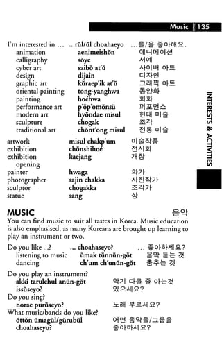 Music 135
I m interested in ...
animation
calligraphy
cyber art
design
graphic art
oriental painting
painting
performance art
modern art
sculpture
traditional art
artwork
exhibition
exhibition
opening
painter
photographer
sculptor
statue
...rul/ul choahaeyo
aenimeishon
soye
saibo at'u
dijain
kuraep'ik at'u
tong-yanghwa
hoeliwa
p'op'omonsii
hyondae misul
chogak
chont'ong misul
misul chakp'um
chonshihoe
kaejang
hwaga
sajin chakka
chogakka
sang
A|-O|U-| o[E.
S|Sr
MUSIC #°t
You can find music to suit all tastes in Korea. Music education
is also emphasised, as many Koreans are brought up learning to
play an instrument or two.
Do you like ...? ... choahaseyo?
listening to music umak tiinnun-got
dancing ch'um ch'unun-got
Do you play an instrument?
akki tarulchul aniin-got
issuseyo?
Do you sing?
norae puriiseyo?
What music/bands do you like?
otton umagul/gurubul
choahaseyo?
 