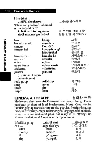 136 Cinema & Theatre
I like (the) ...
...rul/iil choahaeyo
Where can you hear traditional
music around here?
ijubyone chontong umak
turiil manhan got issoyo?
band
bar with music
concert
concert hall
karaoke bar
musician
opera
opera house
orchestra
pansori
(traditional Korean
dramatic solo)
rock group
song
show
singer
kurup
myujik ba
k'onsot'u
kong-yonjanj
k'onsot'uhol
karaoke ba
umakka
op'era
op'era hausu
ok'esut'ura
p'ansori
rokkiirup
norae
sho
kasu
0|
nf
CINEMA & THEATRE
Hollywood dominates the Korean movie scene, although Korea
produces its share of local blockbusters. Hong Kong movies
involving flying martial artists are also popular. Foreign-language
movies are virtually always in their original language, with subtitles.
Korea has some traditional plays, but many of its offerings are
Korean translations ofAmerican or European works.
I feel like going
to a ...
ballet
comedy
film
play
...rul/ul poro
kago ship'oyo
balle
k'omedi
yonghwa
yon-guk
l/#MBj
 