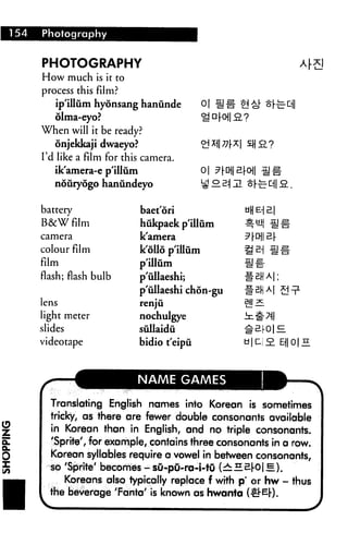 154 Photography
PHOTOGRAPHY
How much is it to
process this film?
ip'illum hyonsang hanunde 01
olma-eyo?
When will it be ready?
onjekkaji dwaeyo?
I'd like a film for this camera.
ik'amera-e p'illum 01
noiiryogo hanilndeyo ^ £. 2^ JL
A (-^1
battery
B&W film
camera
colour film
film
flash; flash bulb
lens
light meter
slides
videotape
baet'ori
hukpaek p'illum
k'amera
kolio pillum
p'illum
pullaeshi;
p'ullaeshi chon-gu
renju
nochulgye
sullaidu
bidio teipu
mm
moE.
NAME GAMES
Translating English names into Korean is sometimes
tricky, as there are fewer double consonants available
in Korean than in English, and no triple consonants.
'Sprite', for example, contains three consonarrts in a row.
Korean syllables require a vowel in between consonants,
so 'Sprite' becomes - sO-pO-rb-i-fO (£HHro1 B.).
Koreans also typically replace f with p" or hw - thus
the beverage 'Fanta' is known as hwanta (
 