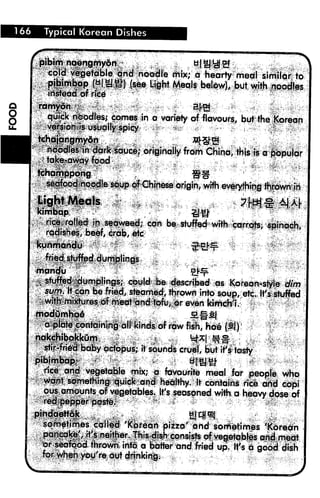 166 Typical Korean Dishes
•.'-cbld y&getable c|nd noodle nritx; a hearty meal sMllqK to
1 :: :#^%SR (fi'I^IN Me Liiht Meals below), but with nooses
-■' iftstSdq: of nee • !>
- ... -; ,'_.. -; b|@ - .- ."', ..
^ forties in a variety of flavours, but the Korean
il^spicy , ;-f - -,,« ,. .. ; ,' . ■ . 3" - v.
^l^rrit^dapfeiducS; orfginalty frbrh China, thisjs a febpuldr
origin/ wHh eyeryfhirtg thfownjn
^ ^^^;, can be .stuffed- with: carroty
be^f, crab, etc '
^^^B^I «>yldibe. described as Koreatosjyie *#m
^?*f 00 M fried./ stfqrned/tbrowft into soup, etc., Ifs; Stuped
#Mi^r;e^50t^eaf|ind;%^ - .' '/:• ' v ';
ij;-Jne;d baby elctojjus,; it sounds cruel,
1^ ,
$&M§ ^^ niix; a favourite meal far people, who
k"^#t s^fcrrethingifuiclcian^ healthy, it contains rice ahd cobi
J^WP^nfe of vegetables. It's seasoned with, a heavy dose of
pipiSr?basteJ -- ''"*- C ^ ' " ; ^ *
l
^ pa' and sorfie
hwn; into a batter and fried up. It's a
out^hfci«^
dish
 