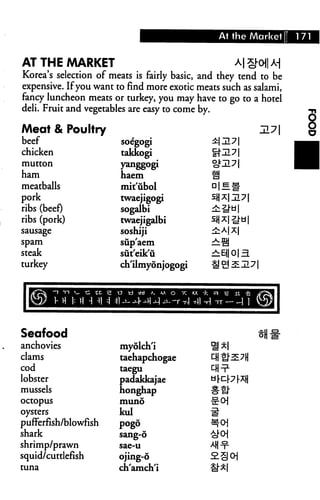 At the Market 171
AT THE MARKET a| g-o|| A-
Korea's selection of meats is fairly basic, and they tend to be
expensive. Ifyou want to find more exotic meats such as salami,
fancy luncheon meats or turkey, you may have to go to a hotel
deli. Fruit and vegetables are easy to come by.
±JL7
Meat & Poultry
beef
chicken
mutton
ham
meatballs
pork
ribs (beef)
ribs (pork)
sausage
spam
steak
turkey
soegogi
takkogi
yanggogi
haem
mit'ubol
twaejigogi
sogalbi
twaejigalbi
soshiji
sup'aem
sut'eik'u
ch'ilmyonjogogi
±AX
Seafood
anchovies
clams
cod
lobster
mussels
octopus
oysters
pufferfish/blowfish
shark
shrimp/prawn
squid/cuttlefish
tuna
myolch'i
taehapchogae
taegu
padakkajae
honghap
muno
kul
pogo
sang-o
sae-u
ojing-6
ch'amch'i
 