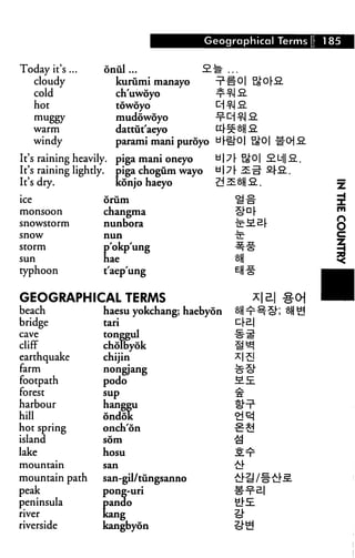 Geographical Terms I 185
Today it's...
cloudy
cold
hot
muggy
warm
windy
onul...
kurumi manayo
ch'uwoyo
towoyo
mudowoyo
dattiit'aeyo
parami mani puroyo
c^H -2.
It's raining heavily, piga mani oneyo ° 171-
It's raining lightly, piga chogum wayo
101 £.
It's dry.
ice
monsoon
snowstorm
snow
storm
sun
typhoon
konjo haeyo
drum
changma
nunbora
nun
p'okp'ung
nae
t'aep'ung

GEOGRAPHICAL TERMS
beach
bridge
cave
cliff
earthquake
farm
footpath
forest
harbour
hill
hot spring
island
lake
haesu yokchang; haebyon
tari
tonggul
cholbyok
chijin
nongjang
podo
sup
mountain path
peak
peninsula
river
riverside
san-gil/tungsanno
pone-uri
pando
kang
kangbyon
 