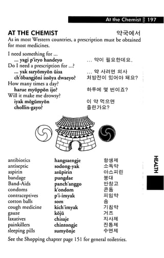 At the Chemist 1 97
AT THE CHEMIST
As in most Western countries, a prescription must be obtained
for most medicines.
I need something for ...
... yagi p'iryo handeyo
Do I need a prescription for ...?
... yak saryomyon uisa
ch'obangjoni issoya dwaeyo?
How many times a day?
harue myoppon ijo?
Will it make me drowsy?
iyak mogumyon
chollin-gayo?
of A|-Ei°j o|A|.
0|
antibiotics
antiseptic
aspirin
bandage
Band-Aids
condoms
contraceptives
cotton balls
cough medicine
gauze
laxatives
painkillers
sleeping pills
hangsaengje
sodong-yak
asiipirin
pungdae
panch'anggo
k'ondom
p'i-imyak
som
kich'imyak
koju
chisaje
chintongje
sumyonie
See the Shopping chapter page 151 for general toiletries.
 