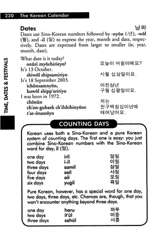 220 The Korean Calendar
Dates
Dates use Sino-Korean numbers followed by -nyon (-"d), -wol
(^), and -il (U) to express the year, month and date, respec
tively. Dates are expressed from larger to smaller (ie, year,
month, date).
What date is it today?
onuri myochirieyo? £^0| °i S 0|0|| 2.?
It's 13 October.
shiwol shipsamiriyo
It's 18 September 2003.
ichonsamnyon,
kuwol shipp'aririyo
I was born in 1972.
chonun
ch'on-gubaek ch'ilshibinyone
t'ae-onassoyo
COUNTING DAYS
Korean uses both a Sino-Korean and a pure Korean
system of counting days. The first one is easy: you just
combine Sino-Korean numbers with the Sino-Korean
word for day, il (U).
oi a
Pure Korean, however, has a special word for one day,
two days, three days, etc. Chances are, though, that you
won't encounter anything beyond three days.
one day haru °r^
two days iful °i#
three days sahul
one day
two days
three days
four days
five days
six days
iril
i-il
samil
sail
oil
yugil
 