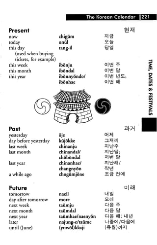 The Korean Calendar 221
Present
now
today
this day
(used when buying
tickets, for example)
this week
this month
this year
chigum
onul
tang-il
ibonju
ibondal
ibonnyondo/
ibonhae
ifri!
o|uh ^H
Past
yesterday
day before yesterday
last week
last month
last year
a while ago
Future
tomorrow
day after tomorrow
next week
next month
next year
later
until (June)
oje
ktijokke
chinanju
chinandal/
chobondal
chinanhae/
changnyon
chogumjone
naeil
more
taumju
taumdaJ
taumhae/naenyon
najung-e/taume
(yuwol)kkaji
 