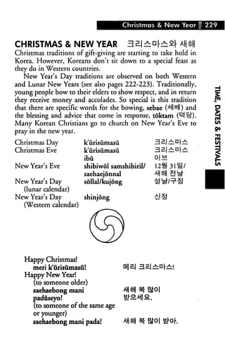 Christmas & New Year 229
CHRISTMAS & NEW YEAR HS|^al-ifif a()SH
Christmas traditions of gift-giving are starting to take hold in
Korea. However, Koreans don't sit down to a special feast as
they do in Western countries.
New Year's Day traditions are observed on both Western
and Lunar New Years (see also pages 222-223). Traditionally,
young people bow to their elders to show respect, and in return
they receive money and accolades. So special is this tradition
that there are specific words for the bowing, sebae (^IHH) and
the blessing and advice that come in response, toktam (^ "□).
Many Korean Christians go to church on New Year's Eve to
pray in the new year.
Christmas Day
Christmas Eve
New Year's Eve
New Year's Day
(lunar calendar)
New Year's Day
(Western calendar)
k'urisumasu
k'urisumasu
ibu
shibiwol samshibiril/
saehaejonnal
sollal/kujong
shinjong
1211
Happy Christmas!
meri k'urisumasu!
Happy New Year!
(to someone older)
saehaebong mani
paduseyo!
(to someone of the same age
or younger)
saehaebong mani pada!
^
 