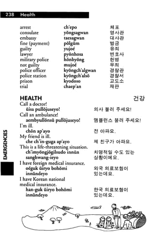 arrest
consulate
embassy
fine (payment)
guilty
lawyer
military police
not guilty
police officer
police station
prison
trial
ch'epo
yongsagwan
taesagwan
polgum
yujoe
pyonhosa
honbyong
mujoe
kyongch'algwan
kyongch'also
kyodoso
chaep'an
HEALTH
Call a doctor!
uisa pullojuseyo!
Call an ambulance!
aembyullonsu pullojuseyo!
I'm ill.
chon ap'ayo
My friend is ill.
che ch'in-guga ap'ayo
This is a life-threatening situation.
ch'imyongjogilsudo innun
sanghwang-ieyo
I have foreign medical insurance.
oeguk uiryo bohomi
inniindeyo
I have Korean national
medical insurance.
han-guk uiryo bohomi
innundeyo
of4£.
 