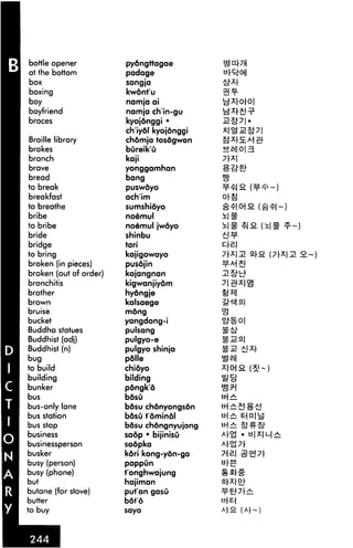 bottle opener
at the bottom
box
boxing
boy
boyfriend
braces
Braille library
brakes
branch
brave
bread
to break
breakfast
to breathe
bribe
to bribe
bride
bridge
to bring
broken (in pieces)
broken (out of order)
bronchitis
brother
brown
bruise
bucket
Buddha statues
Buddhist (adj)
Buddhist (n)
bug
to build
building
bunker
bus
bus-only lane
bus station
bus stop
business
businessperson
busker
busy (person)
busy (phone)
butane (for stove)
butter
to buy
pydngttagae
padage
sangja
kwdnt'u
namja ai
namja ch'in-gu
kyojdnggi •
ch'iydl kyojdnggi
chdmja tosdgwan
bureik'u
kaji
yonggamhan
bang
puswdyo
ach'im
sumshidyo
noemul
no6mul jwdyo
shinbu
tari
kajigowayo
pusdjin
kojangnan
kigwanjiydm
hydngje
kalsaege
mdng
yangdong-i
pulsang
pulgyo-e
pulgyo shinja
pdlle
chidyo
bilding
pdngk'd
bdsu
bdsu chdnyongson
bdsu t'dmindl
bdsu chdngnyujang
sadp • bijinisu
sadpka
kdri kong-ydn-ga
pappun
t'onghwajung
hajiman
put'an gasu
bdt'd
sayo
> £~)
 