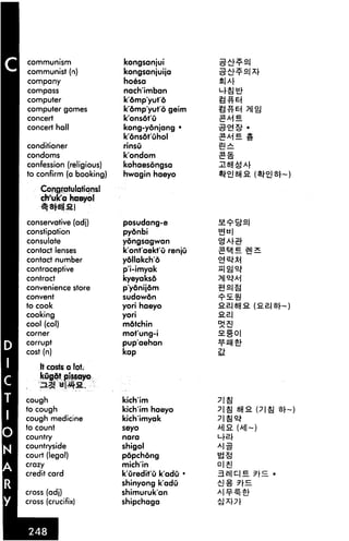 communism
communist (n)
company
compass
computer
computer games
concert
concert hall
conditioner
condoms
confession (religious)
to confirm (a booking)
Congratulations!
ch'uk'a hoeyol
conservative (adj)
constipation
consulate
contact lenses
contact number
contraceptive
contract
convenience store
convent
to cook
cooking
cool (col)
corner
corrupt
cost (n)
It costs o lot.
kugot pissayo
cough
to cough
cough medicine
to count
country
countryside
court (legal)
crazy
credit card
cross (adj)
cross (crucifix)
kongsanjui
kongsanjuija
hoesa
nach'imban
k'dmp'yut'6
k'dmp'yut'd geim
k'onsofu
kong-ydnjang •
konsdt'uhol
rinsO
k'ondom
kohaesongsa
hwagin haeyo
posudang-e
pyonbi
ydngsagwan
k'ont'aekt'O renju
ydllakch'd
p'i-imyak
kyeyaksd
p'ydnijdm
sudowdn
yori haeyo
yori
mdtchin
mot'ung-i
pup'aehan
kap
kich'im
kich'im haeyo
kich'imyak
seyo
nara
shigol
pdpchdng
mich'in
k'uredit'O k'adu •
shinyong k'adu
shimuruk'an
shipchaga
^dl
! or~)
as
 