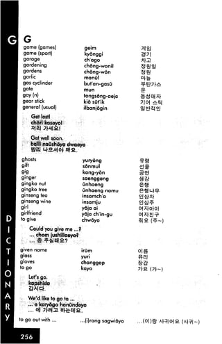 game (games)
game (sport)
garage
gardening
gardens
garlic
gas cyclinder
gate
gay (n)
gear stick
general (usual)
Getlostl
chdrikaseyo!
geim
kyonggi
ch'ago
chdng-wonil
chong-won
manul
but'an-gasu
mun
tongsdng-aeja
kid sut'ik
ilbanjdgin
Get well soon,
balli naushoya dwoeyo
ghosts
gift
g>g
ginger
gingko nut
gingko tree
ginseng tea
ginseng wine
girl
girlfriend
to give
Could you give me .
yurydng
sonmul
kong-yon
saenggang
unhaeng
Onhaeng namu
insamch'a
insamju
ydja ai
ydja ch'in-gu
chwdyo
..?
... chom jushillaeyo?
given name
glass
gloves
to go
Let's go.
kapshida
We'd like to go to ...
irum
yuri
changgap
kayo
... e karydgo hanundeyo
to go out with ... ...(i)rang sagwidyo
as
7O ±*
01 ^rj
 