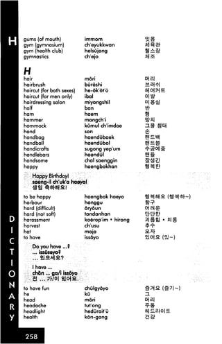 gums (of mouth)
gym (gymnasium)
gym (health club)
gymnastics
H
hair
hairbrush
haircut (for both sexes)
haircut (for men only)
hairdressing salon
half
ham
hammer
hammock
hand
handbag
handball
handicrafts
handlebars
handsome
happy
Happy Birthday!
immom
ch'eyukkwan
helsujang
ch'ejo
mori
buroshi
he-dk'dt'u
ibal
miyongshil
ban
haem
mangch'i
kumul ch'imdoe
son
haendubaek
haendubol
sugong yep'um
haendul
chal saenggin
haengbokhan
saeng-il ch'uk'a haeyo!
to be happy
harbour
hard (difficult)
hard (not soft)
harassment
harvest
hat
to have
Do you have...?
... issuseyo?
1 have...
chdn... ga/i issoyo
3 ... ?r/0| 9lQSL.
to have fun
he
head
headache
headlight
health
haengbok haeyo
hanggu
drydun
tandanhan
koerop'im • hirong
ch'usu
moja
issdyo
chulgydyo
ku
mori
tut'ong
hedurait'u
kon-gang
 