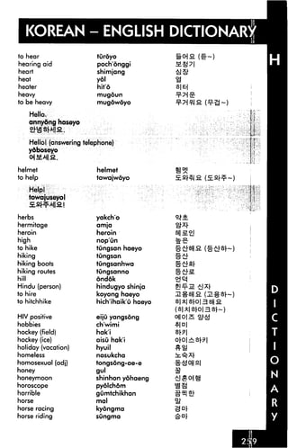 KOREAN
to hear
hearing aid
heart
heat
heater
heavy
to be heavy
Hello.
annyong haseyo
- ENGLIS
turoyo
pochonggi
shimjang
yol
hit'6
mugoun
mugowoyo
Hellol (answering telephone)
ydboseyo
helmet
to help
Helpl
towajuseyol
herbs
hermitage
heroin
high
to hike
hiking
hiking boots
hiking routes
hill
Hindu (person)
to hire
to hitchhike
HIV positive
hobbies
hockey (field)
hockey (ice)
holiday (vacation)
homeless
homosexual (adj)
honey
honeymoon
horoscope
horrible
horse
horse racing
horse riding
helmet
towajwoyo
yakch'o
amja
heroin
nop'un
tungsan haeyo
tungsan
tungsanhwa
tungsanno
ondok
hindugyo shinja
koyong haeyo
hich'ihaik'O haeyo
eiju yangsong
ch'wimi
hak'i
aisu hak'i
hyuil
nosukcha
tongsong-ae-e
gul
shinhon yohaeng
pyolchom
gumtchikhan
mal
kydngma
sungma
 