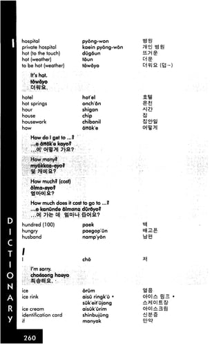hospital
private hospital
hot (to the touch)
hot (weather)
to be hot (weather)
It's hot.
tdwdyo
hotel
hot springs
hour
house
housework
how
How do 1 get to...?
...e dttfik'e kayo?
...pjfa^Tll 7S9Ll
How many?
my6kkae«eyo?
How much? (cost)
dlma-eyo?
pyong-won
kaein pyong-won
dugoun
toun
towoyo
hotel
onchon
shigan
chip
chibanil
ottok'e
How much does it cost to go to ...?
...e kanunde dimana dDrdyo?
...0|| 7rfc Gj| ^QW #<Ha?
hundred (100)
hungry
husband
paek
paegopun
namp'yon
21!
Ml}
9
I'm sorry.
cho6song haeyo
n&ms
ice rink
ice cream
identification card
if
chd
drum
aisu ringk'u •
suk'eit'ujang
aisuk'urim
shinbujung
manyak
 