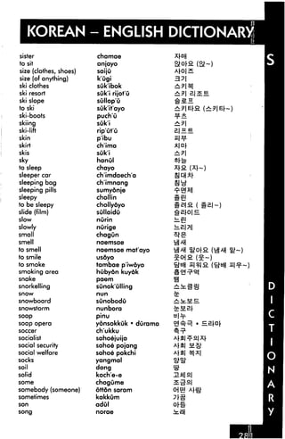 KOREAN
sister
to sit
size (clothes, shoes)
size (of anything)
ski clothes
ski resort
ski slope
to ski
ski-boots
skiing
ski-lift
skin
skirt
skis
sky
to sleep
sleeper car
sleeping bag
sleeping pills
sleepy
to be sleepy
slide (film)
slow
slowly
small
smell
to smell
to smile
to smoke
smoking area
snake
snorkelling
snow
snowboard
snowstorm
soap
soap opera
soccer
socialist
social security
social welfare
socks
soil
solid
some
somebody (someone)
sometimes
son
song
- ENGLIS
chamae
anjayo
saiju
k'ugi
suk'ibok
suk'i rijot'u
sullop'u
suk'it'ayo
puch'u
suk'i
rip'Ot'u
p'ibu
ch'ima
suk'i
hanul
chayo
ch'imdaech'a
ch'imnang
sumyonje
chollin
chollyoyo
sullaidu
nurin
nurige
chagun
naemsae
naemsae mat'ayo
usoyo
tambae p'iwoyo
hubydn kuydk
paem
sunok'ulling
nun
sunobodu
nunbora
pinu
yonsokkuk • dura
ch'ukku
sahoejuija
sahoe pojang
sahoe pokchi
yangmal
dang
koche-e
chogume
otton saram
kakkum
adul
norae
±9E2. (±?E[~)
se
iH
 