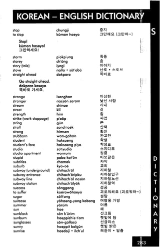 KOREAN - ENGLISH DICTIONARY
stop
to stop
Stopl
kuman haseyol
storm
storey
story (tale)
stove
straight ahead
Go straight ahead.
dokparo kaseyo
strange
stranger
stream
street
strength
strike (work stoppage)
string
stroll
strong
stubborn
student
student's fare
studio
studio apartment
stupid
subtitles
suburb
subway (underground)
subway entrance
subway line
subway station
success
to suffer
sugar
suitcase
summer
sun
sunblock
sunburn
sunglasses
sunny
sunrise
chungji
kuman haeyo
p'okp'ung
ch'ung
iyagi
nallo • sut'obu
dokparo
isanghan
nasson saram
shinae
kil
him
p'aop
gun
sanch'aek
himsen
wan-gohan
haksaeng
haksaeng p'yo
sut'yudio
wonrum
pabo kat'un
chamak
kyo-oe
chihachol
chihach oripku
chihachol noson
chihach olyok
songgong
koerowdhaeyo
solt'ang
yohaeng-yong kabang
yorum
hae
son k'urim
haeppich'e tarn
son-gullasu
haeppit balgun
haedoji * ilch'ul
o|op|
flti!
01S
 