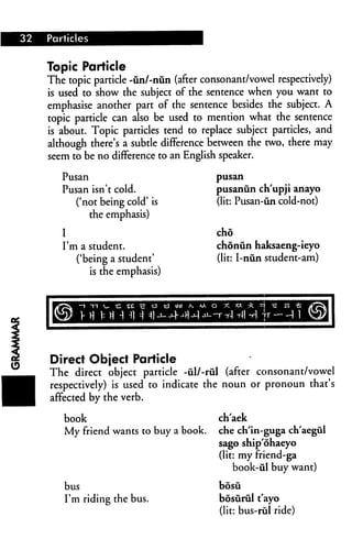 32 Particles
Topic Particle
The topic particle -un/-nun (after consonant/vowel respectively)
is used to show the subject of the sentence when you want to
emphasise another part of the sentence besides the subject. A
topic particle can also be used to mention what the sentence
is about. Topic particles tend to replace subject particles, and
although there's a subtle difference between the two, there may
seem to be no difference to an English speaker.
Pusan
Pusan isn't cold,
('not being cold' is
the emphasis)
I
I'm a student.
('being a student'
is the emphasis)
pusan
pusanun ch'upji anayo
(lit: Pusan-un cold-not)
cho
chonun haksaeng-ieyo
(lit: I-nun student-am)
Direct Object Particle
The direct object particle -ul/-rul (after consonant/vowel
respectively) is used to indicate the noun or pronoun that's
affected by the verb.
book
My friend wants to buy a book.
bus
I'm riding the bus.
ch'aek
che ch'in-guga ch'aegiil
sago ship'dhaeyo
(lit: my friend-ga
book-iil buy want)
bosu
bosurul t'ayo
(lit: bus-rul ride)
 