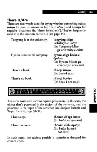 There Is/Are
There are two words used for saying whether something exists:
issoyo for positive situations (ie, 'there is/are') and opsoyo for
negative situations (ie, 'there isn't/aren't').They're frequently
used with the location particle -e (see page 34).
Taegyong is at the university.
Hyonu is not at his company.
There's a book.
There's no book.
t'aegyong-shiga
taehakkyo-e issoyo
(lit: Taegyong-Miss-
ga university-e exist)
hyonu-shiga hoe'sa-e
opsoyo
(lit: Hyonu-Mister-ga
company-e not-exist)
ch'aegi issoyo
(lit: book-i exist)
ch'aegi opsoyo
(lit: book-i not exist)
The same words are used to express possession. In this case, thb
object that's possessed is the subject of the sentence, and the
possessor is the topic of the sentence (see Subject Particle and
Topic Particle, page 31-32).
I have a car.
I have no house.
chonun ch'aga issoyo
(lit: I-nun car-ga exist)
chonun chibi opsoyo
(lit: I-nun house-i
not-exist)
In such cases, the subject particle is sometimes dropped for
convenience.
 