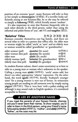 Forms of Address i 61
position of an overseas 'guest', many Koreans will refer to him
or her simply as sonsaengnim (£l c!J □ ). If a traveller looks suf
ficiently young or not business-like, he or she may be referred
to simply as haksaeng (^!"c!l), which literally means 'student'.
It's also important to note that Koreans frequently refer to
each other directly in the third person, rather than using the
informal and polite forms of'you', no (M) and tangshin (s£]).
'Relative' Titles
Koreans consider themselves one big family, and there are
several titles to refer to a person that reflect this. An older man
or woman might be called 'uncle' or 'aunt' and an elderly man
or woman would be called 'grandfather' or 'grandmother'.
older woman (pol)
older woman (less pol)
older man
elderly woman (pol)
elderly man (less pol)
ajumoni (lit: aunt)
ajumma (lit: auntie)
ajoshi (lit: uncle)
halmoni (lit: grandmother) tl"CH M
haraboji (lit: grandpa) &[
In modern Korean culture, there's some uncertainty as to how to
refer to a young man or woman who's unknown to the speaker.
Calling a young man ajoshi (Ol-^^l), 'uncle' seems odd, but
there's no other appropriate 'relative' expression. On the other
hand, the word agashi (0|-7rMl), literally 'husband's younger
sister' for a young woman is now out of favour. In restaurants
young people are tending to call someone over by simply saying
yogiyo! (0=|7|.2.!). This is 'over here' with a polite ending and
although it may sound rude to English speakers, it's considered
acceptable in Korean.
A LEE BY ANOTHER NAME
If you meet the parents of your Korean friends, chances
are you'll never learn their names. To show respect, you'd
refer to them in the third person, using your friend's name
followed bydmdni [OU] M), 'mother', and aboji (oN|x|),
^'father', as the case may be.
 