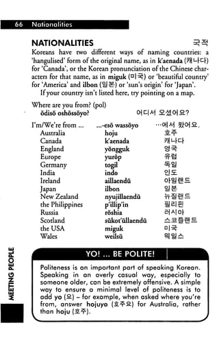 Nationalities
NATIONALITIES ^3
Koreans have two different ways of naming countries: a
'hangulised' form of the original name, as in k'aenada (?H L-rcr)
for 'Canada', or the Korean pronunciation of the Chinese char
acters for that name, as in miguk (DI ^) or 'beautiful country'
for 'America' and ilbon (!!■£■!■) or 'sun's origin' for 'Japan'.
Ifyour country isn't listed here, try pointing on a map.
Where are you from? (pol)
odiso oshossoyo?
I'm/We're from ...
Australia
Canada
England
Europe
Germany
India
Ireland
Japan
New Zealand
the Philippines
Russia
Scotland
the USA
Wales
...-eso wassoyo
hoju
k'aenada
yongguk
yurop
togil
indo
aillaendu
ilbon
nyujillaendu
p'illip'in
rdshia
sukot'ullaendu
miguk
weilsii
£!£E
YO! ... BE POLITE!
Politeness is an important part of speaking Korean.
Speaking in an overly casual way, especially to
someone older, can be extremely offensive. A simple
way to ensure a minimal level of politeness is to
add yo (2.) - for example, when asked where you're
from, answer hojuyo (JL^S.) for Australia, rather
than hoju (2t).
v y
 